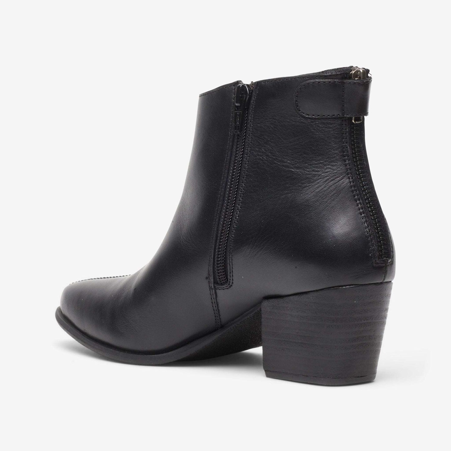 Rear view of zip back wide fit leather ankle boot