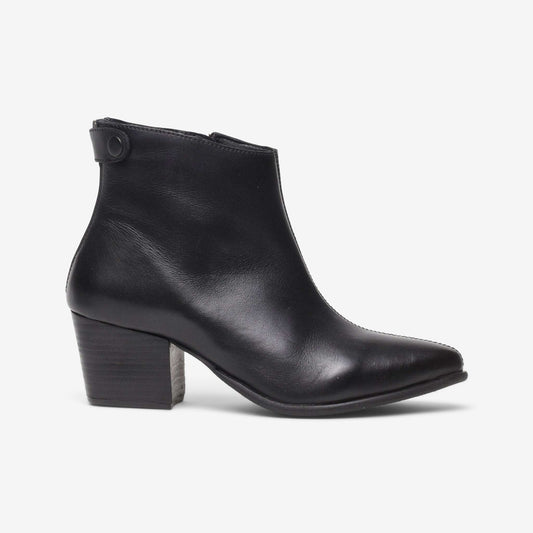 Side view of zip back wide fit leather ankle boot