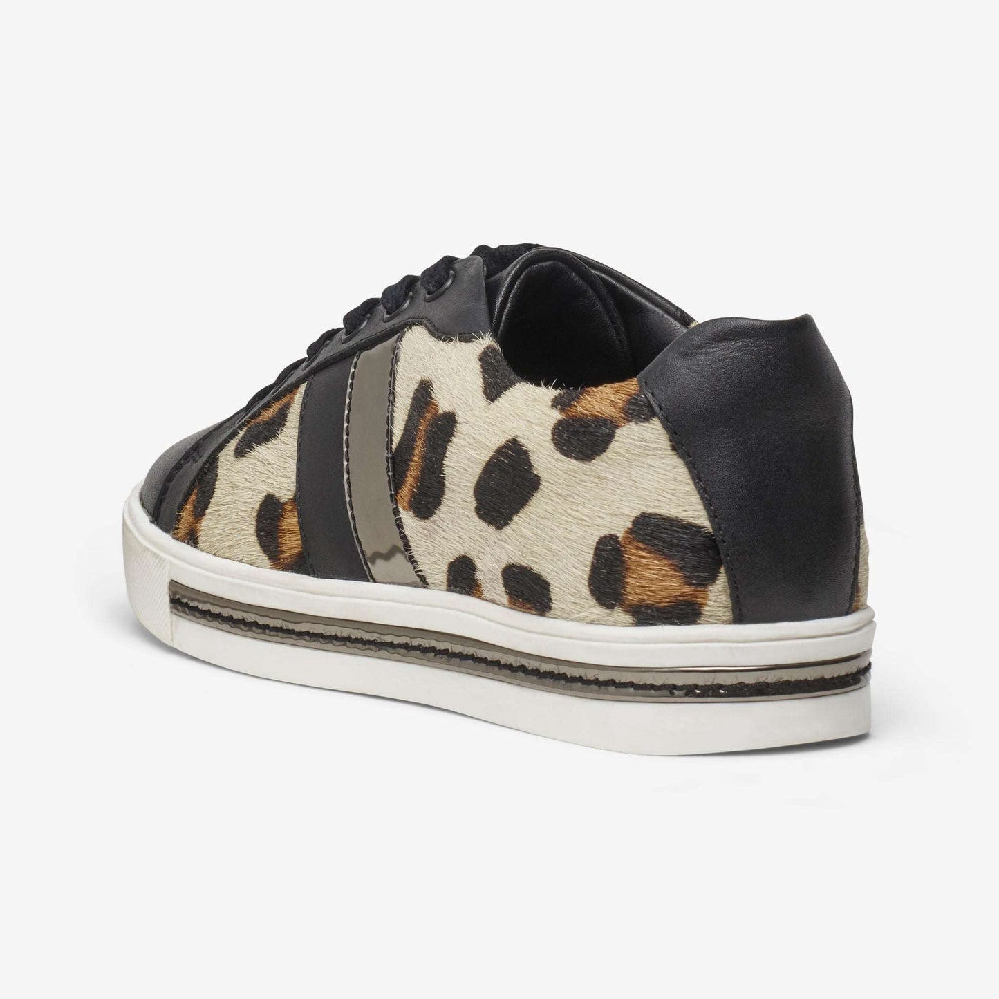 Rear view of wide fit leather lace up trainer in snow leopard print