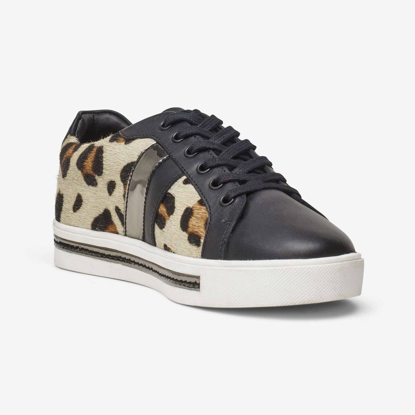 Wide fit leather lace up trainer in snow leopard print