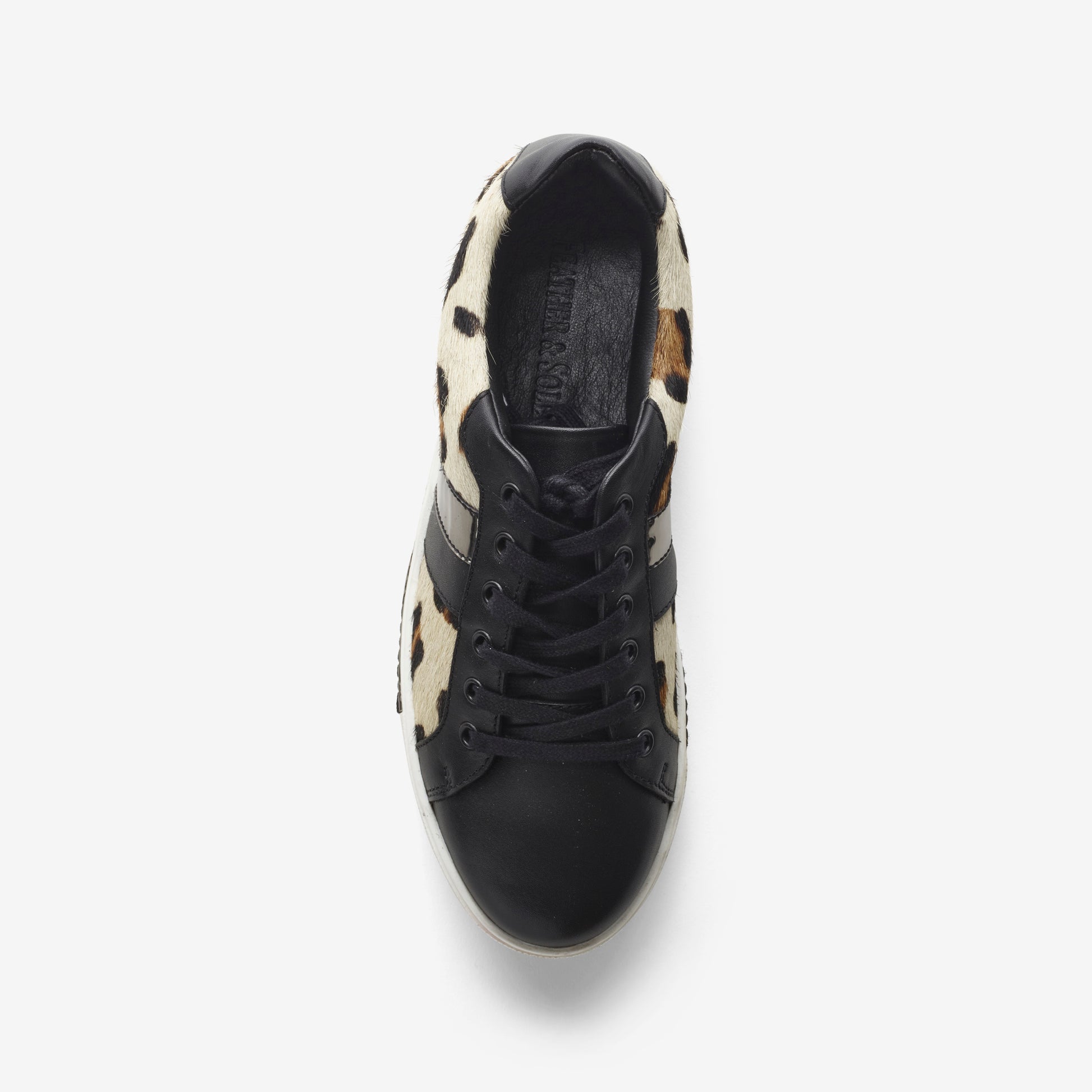 Wide fit leather lace up trainer in snow leopard print