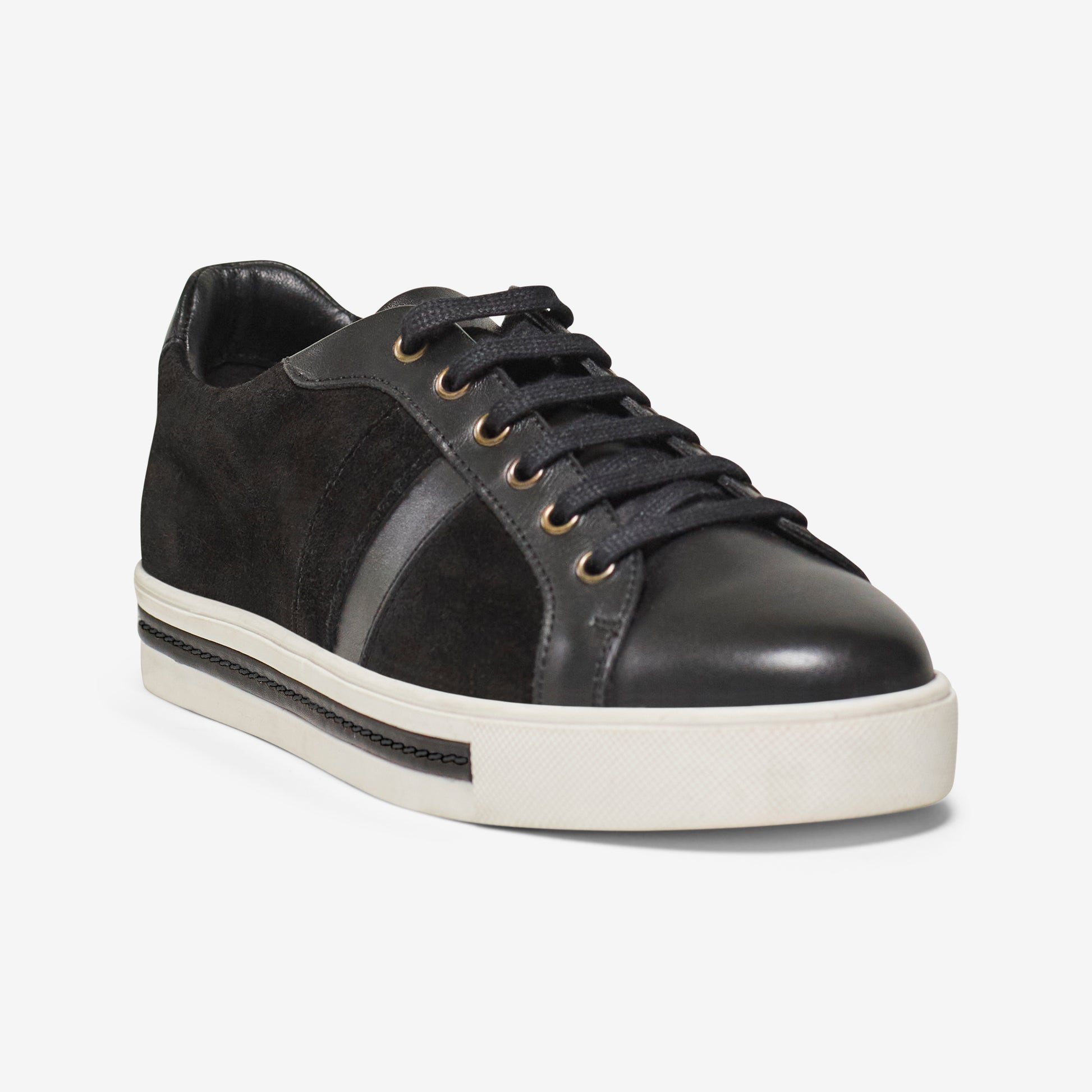Front view of black lace up wide fit leather trainers