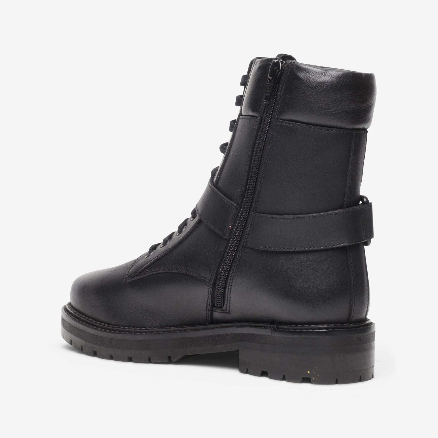 Rear view of lace up leather wide fit biker boot