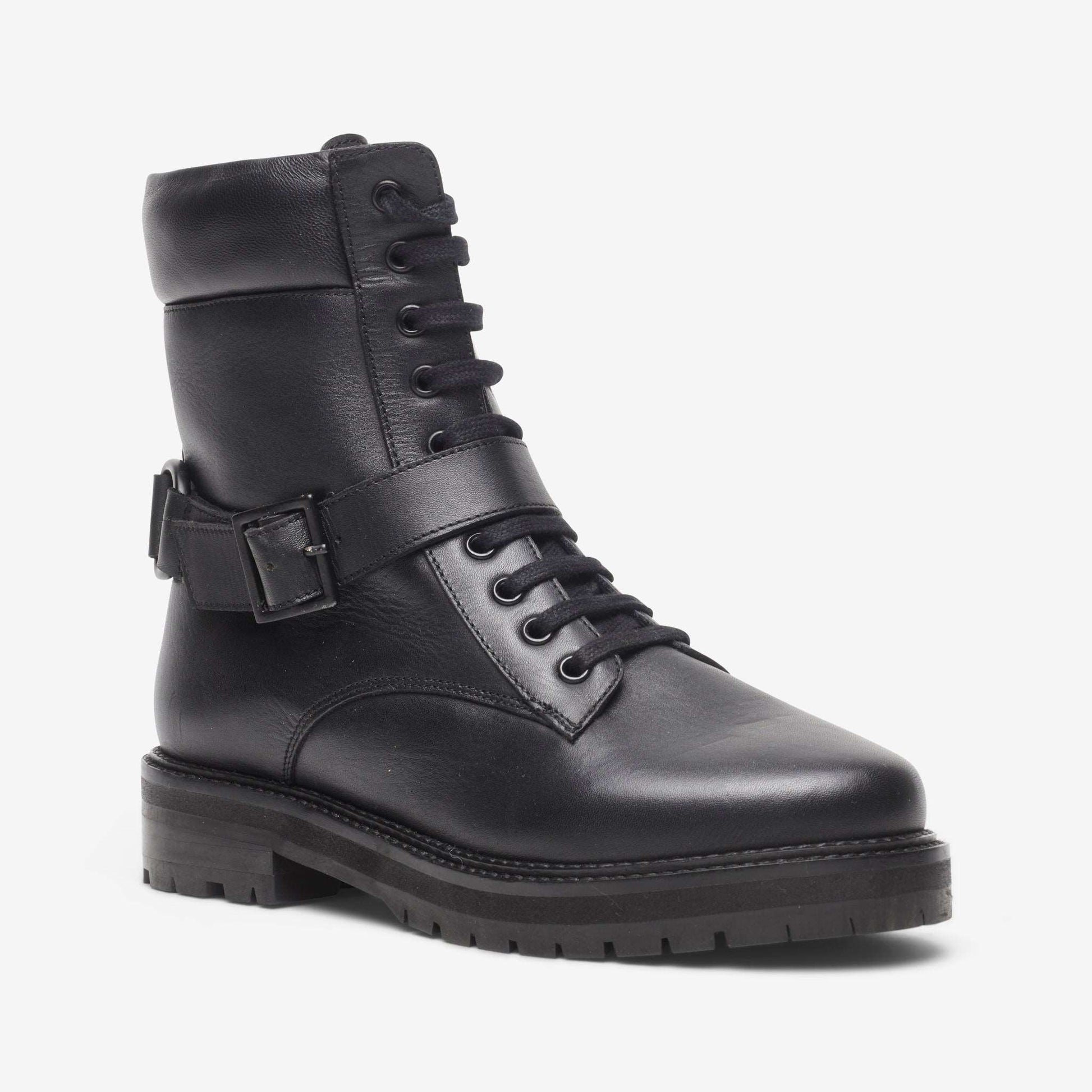 Side view of lace up leather wide fit biker boot