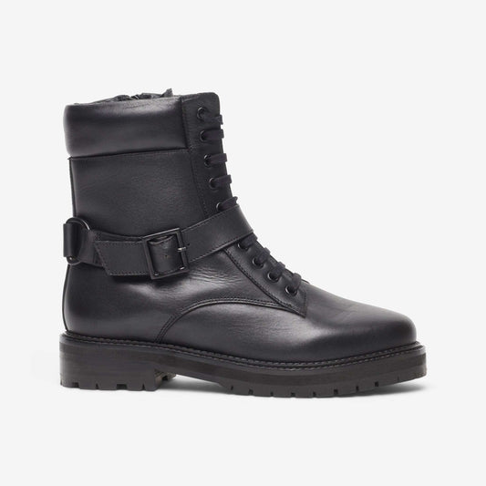 Side view of lace up leather wide fit biker boot