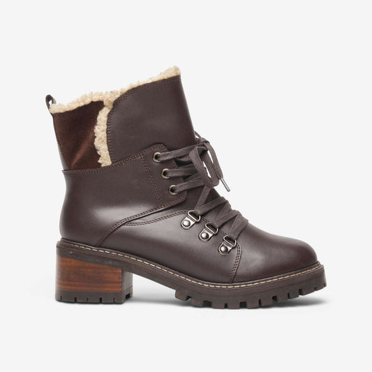 Side view of brown leather wide fit heeled lace up ankle boot