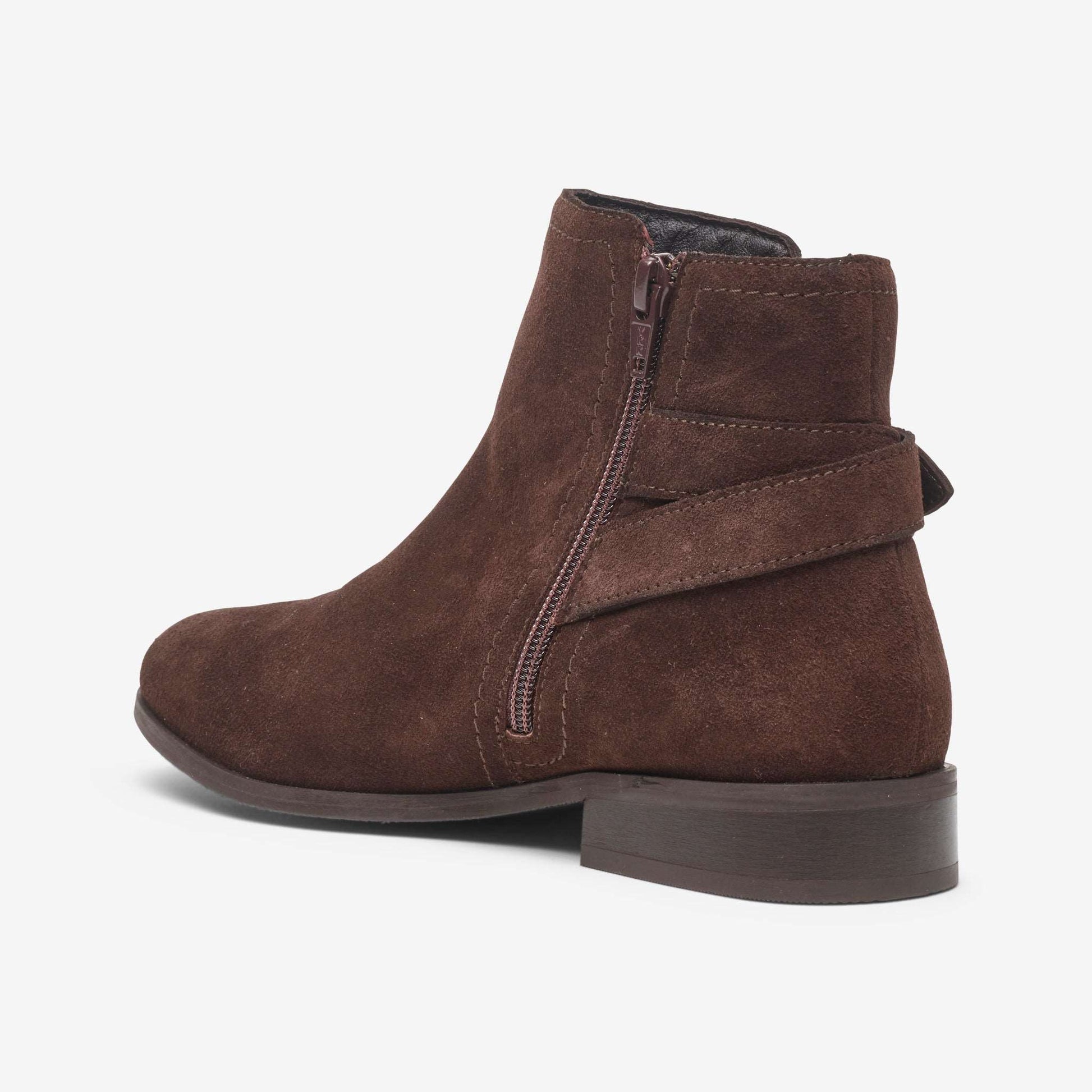 Rear view of wide fit brown suede ankle boot with strap and buckle detail
