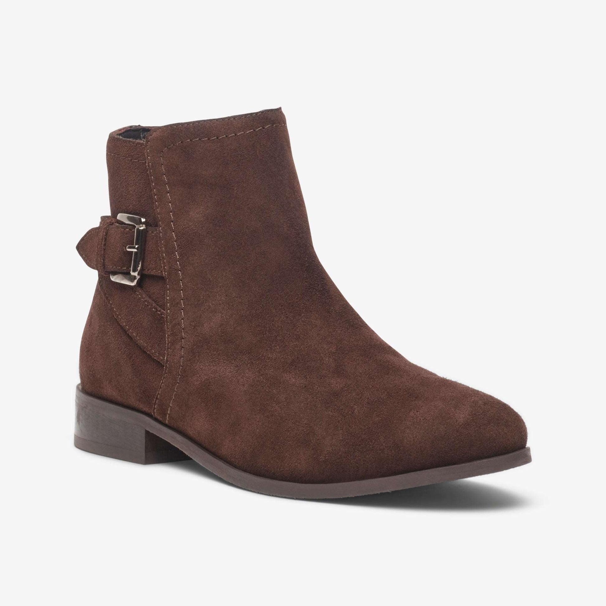 Wide fit brown suede ankle boot with strap and buckle detail