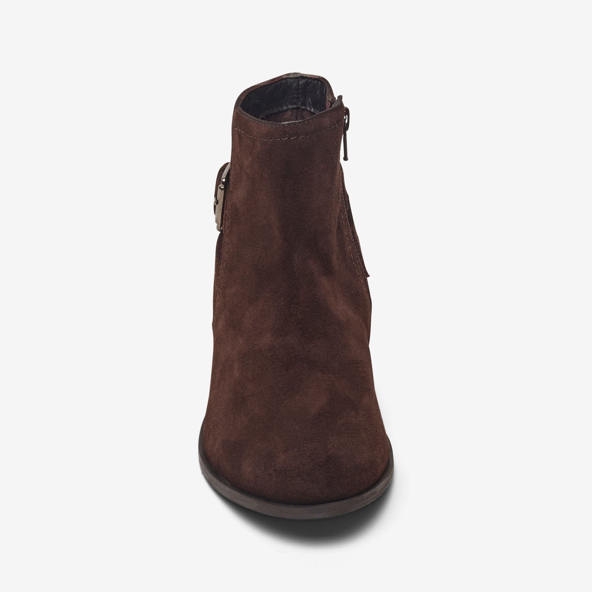 Front view of wide fit brown suede ankle boot with strap and buckle detail