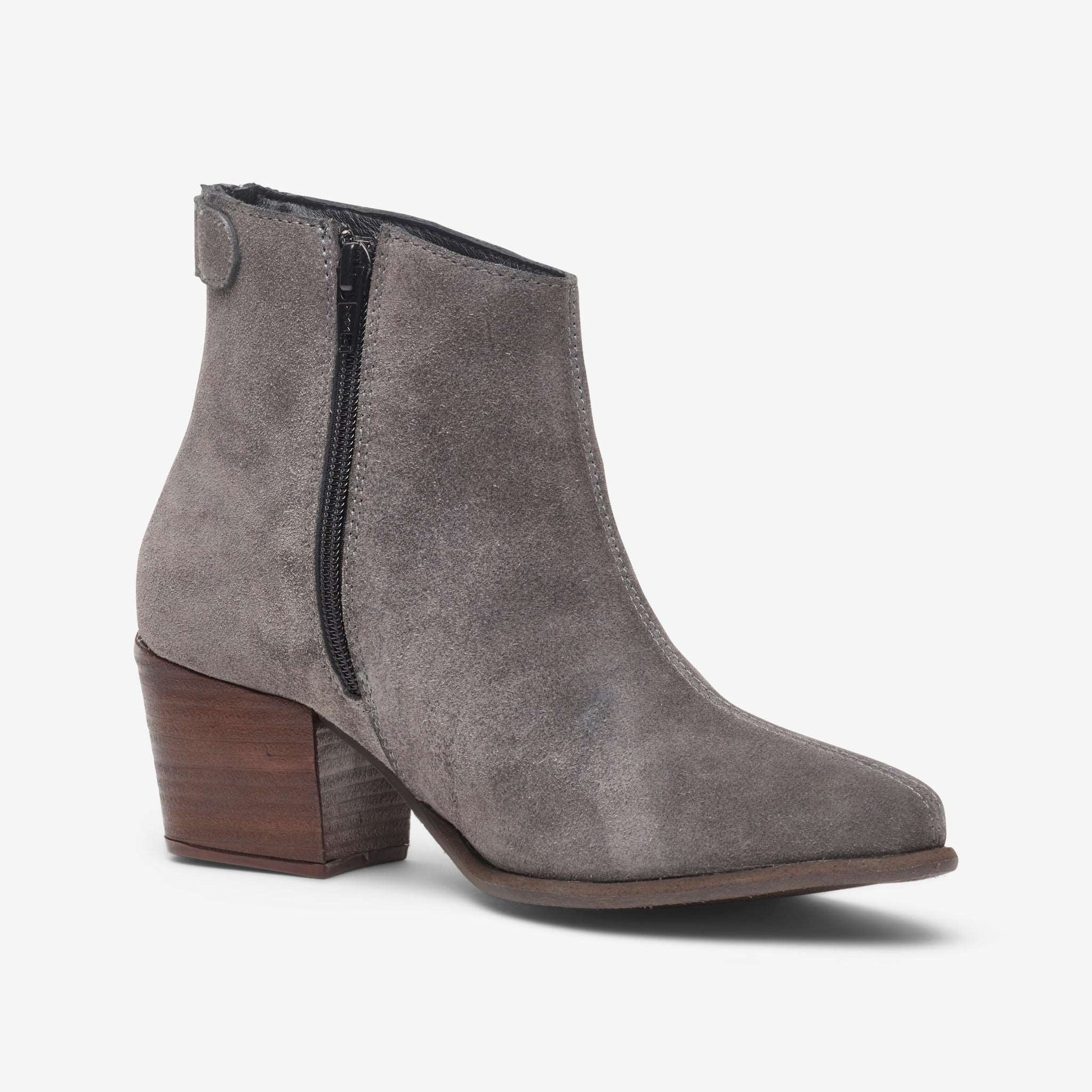 Side view of wide fit ankle boot with block heels in grey suede