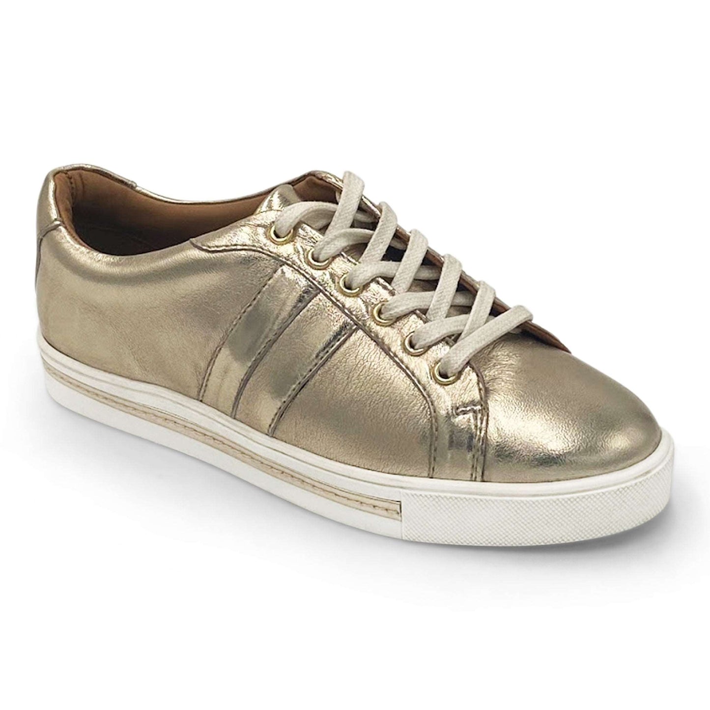 DETAILED VIEW OF WIDE FIT LACE UP TRAINER IN GOLD