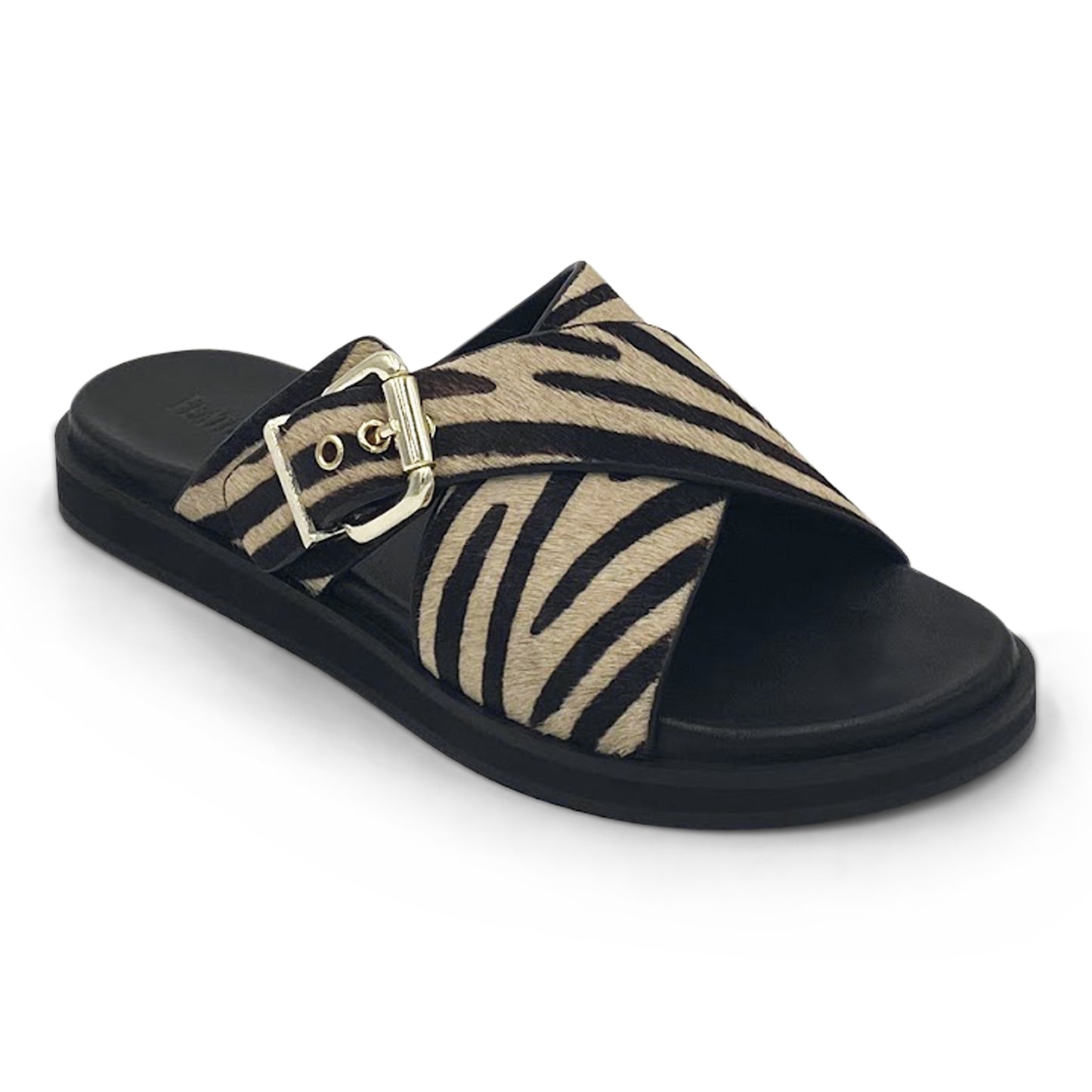 SIDE VIEW OF WIDE FIT ZEBRA PRINT SANDAL WITH GOLD BUCKLE