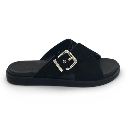 SIDE VIEW OF BLACK SUEDE WIDE FIT FOOTBED