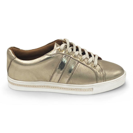 SIDE VIEW OF GOLD LEATHER LACE UP TRAINER