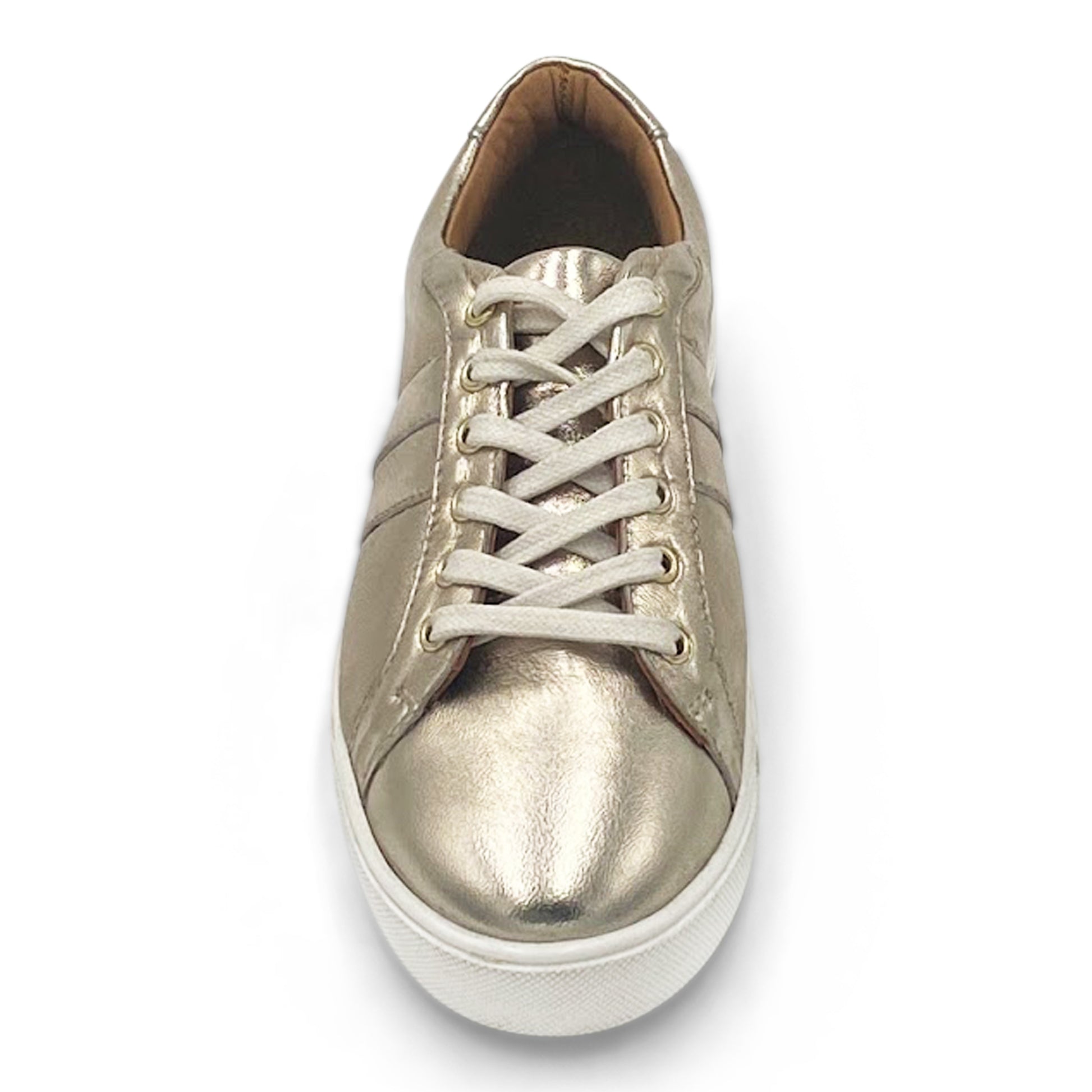 FRONT VIEW OF GOLD WIDE FIT LACE UP TRAINER