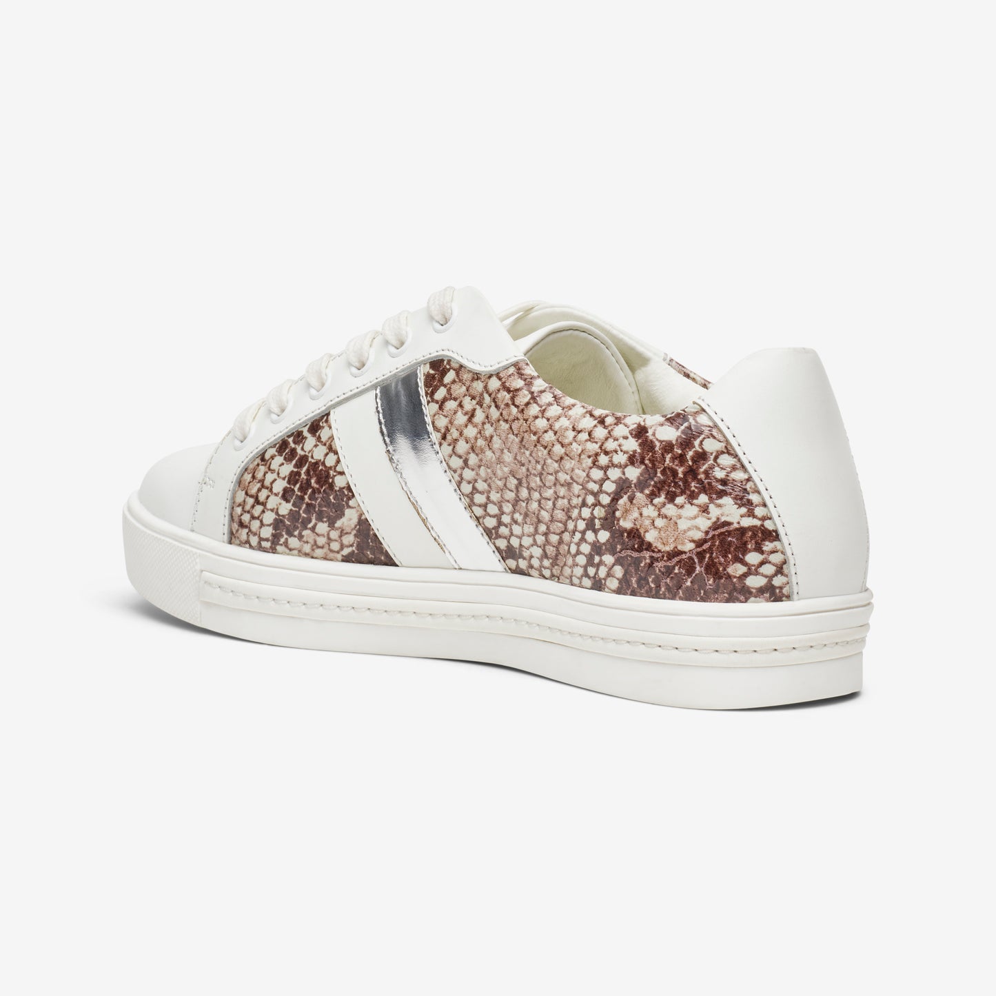 BACK VIEW OF WHITE LEATHER LACE UP TRAINER WITH SNAKE PANEL
