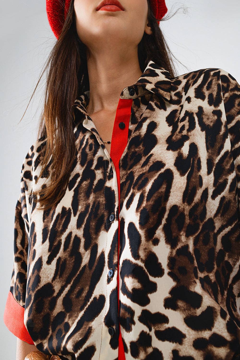 Leopard 3/4 Sleeves Shirt WIth Red Detail