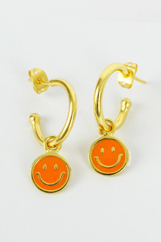 Orange Enamel Smiley Hoop Earrings