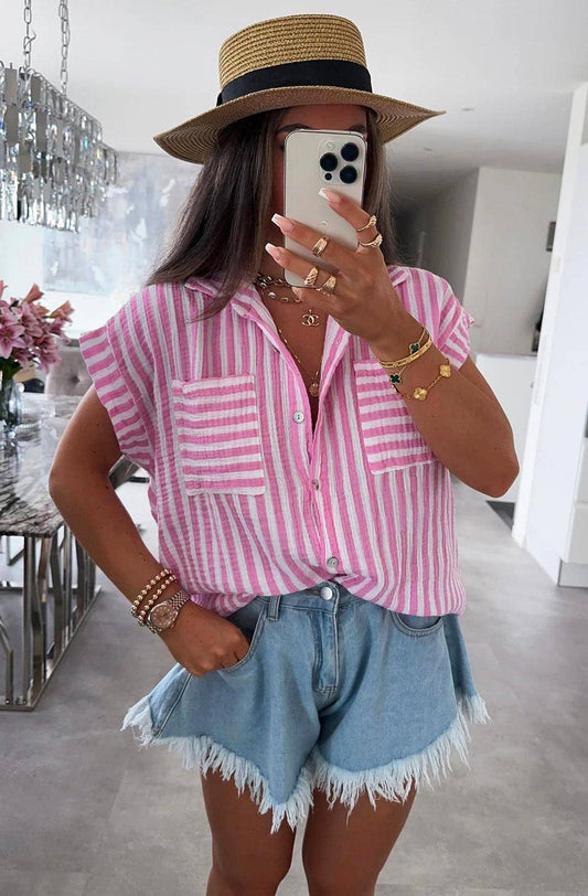 Pink Stripe Cotton Short Sleeve Shirt