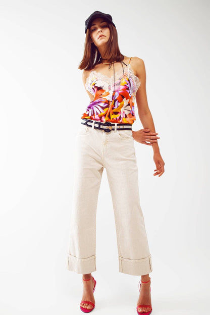 Straight Leg Jeans with Cropped Hem in Beige
