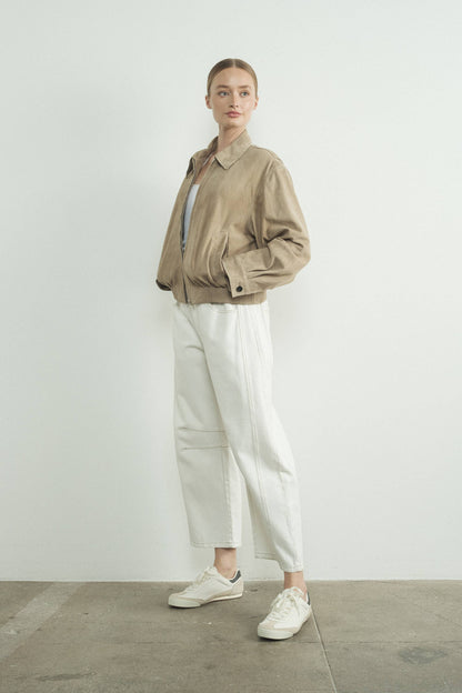 Cream Barrel Jeans with Stitch Detail and Elastic Back Waist