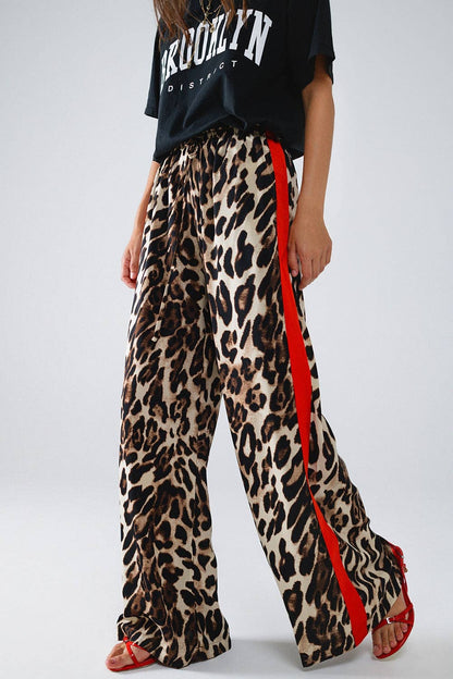 Leopard Straight Trousers With Red Stripes