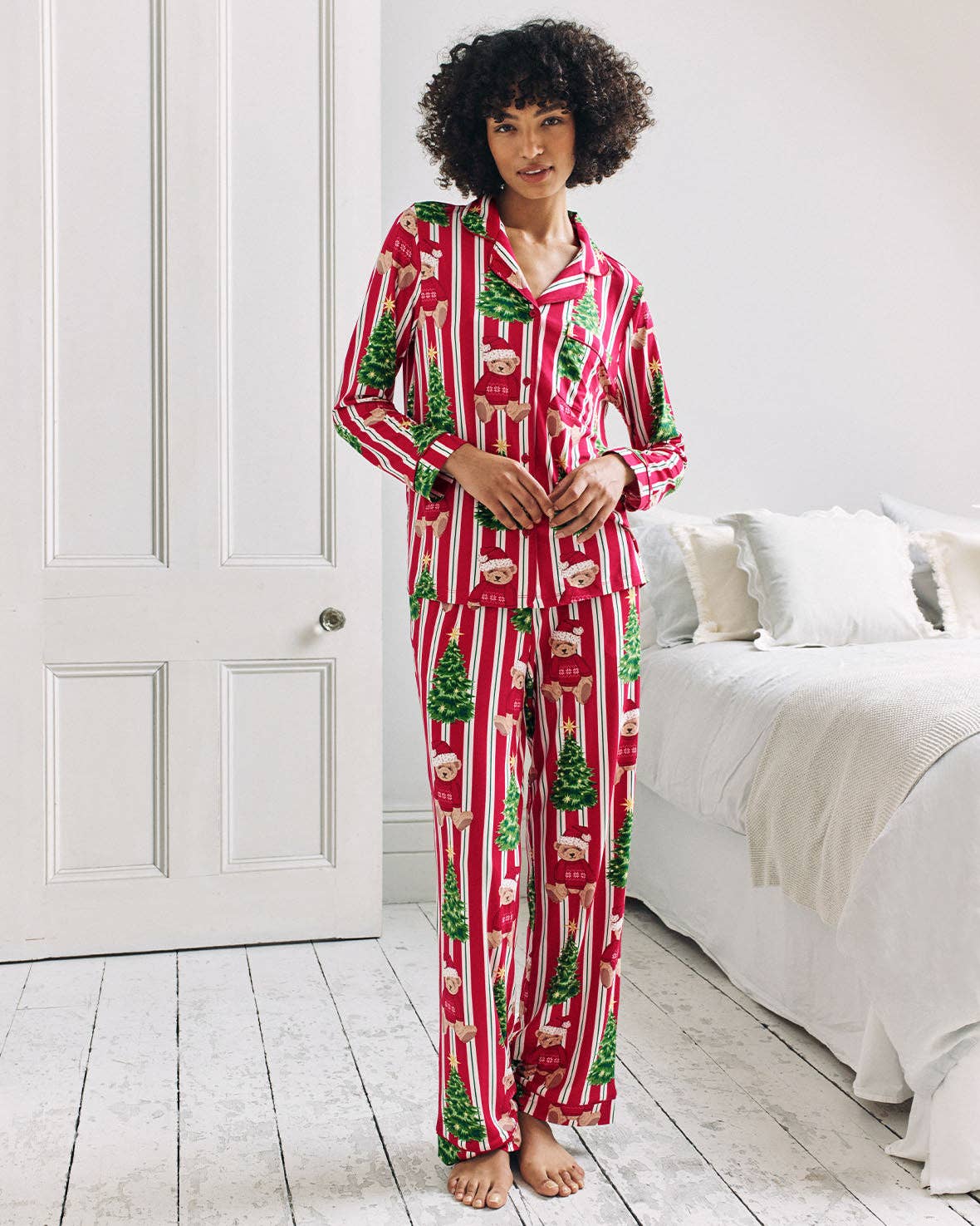 Christmas Teddy Bear Stripe Print Long Pyjama Set