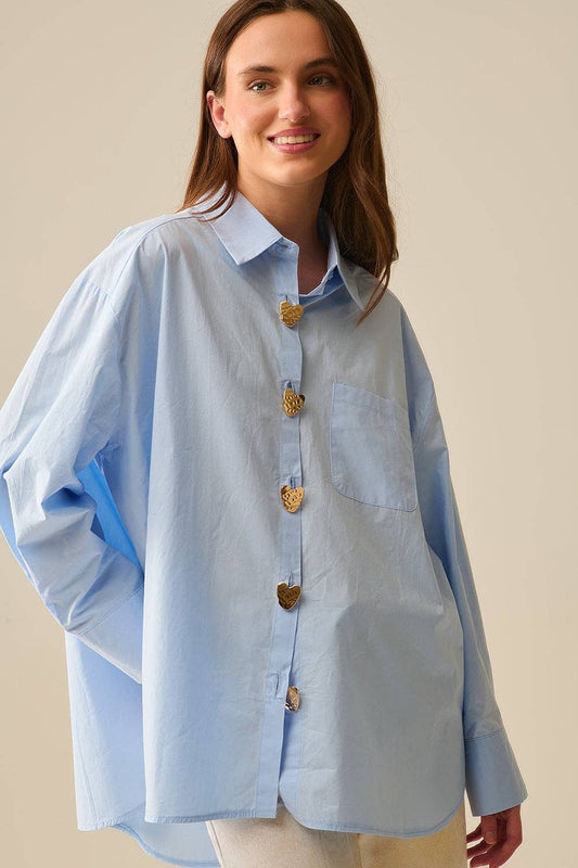 Blue Poplin Shirt with Gold Buttons