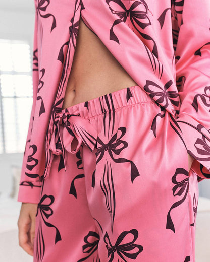 Satin Bow Print Long Pyjama Set