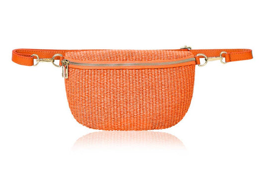 Handmade Italian Raffia and Leather Bum Bag: Orange