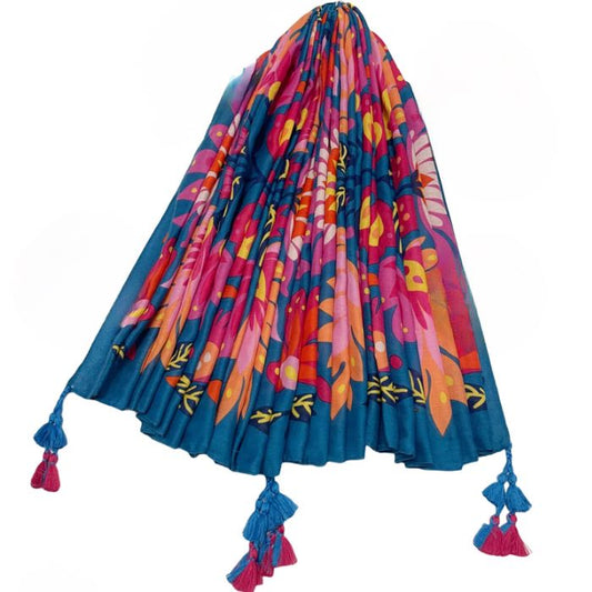 Blue Bright Floral Print Square Scarf