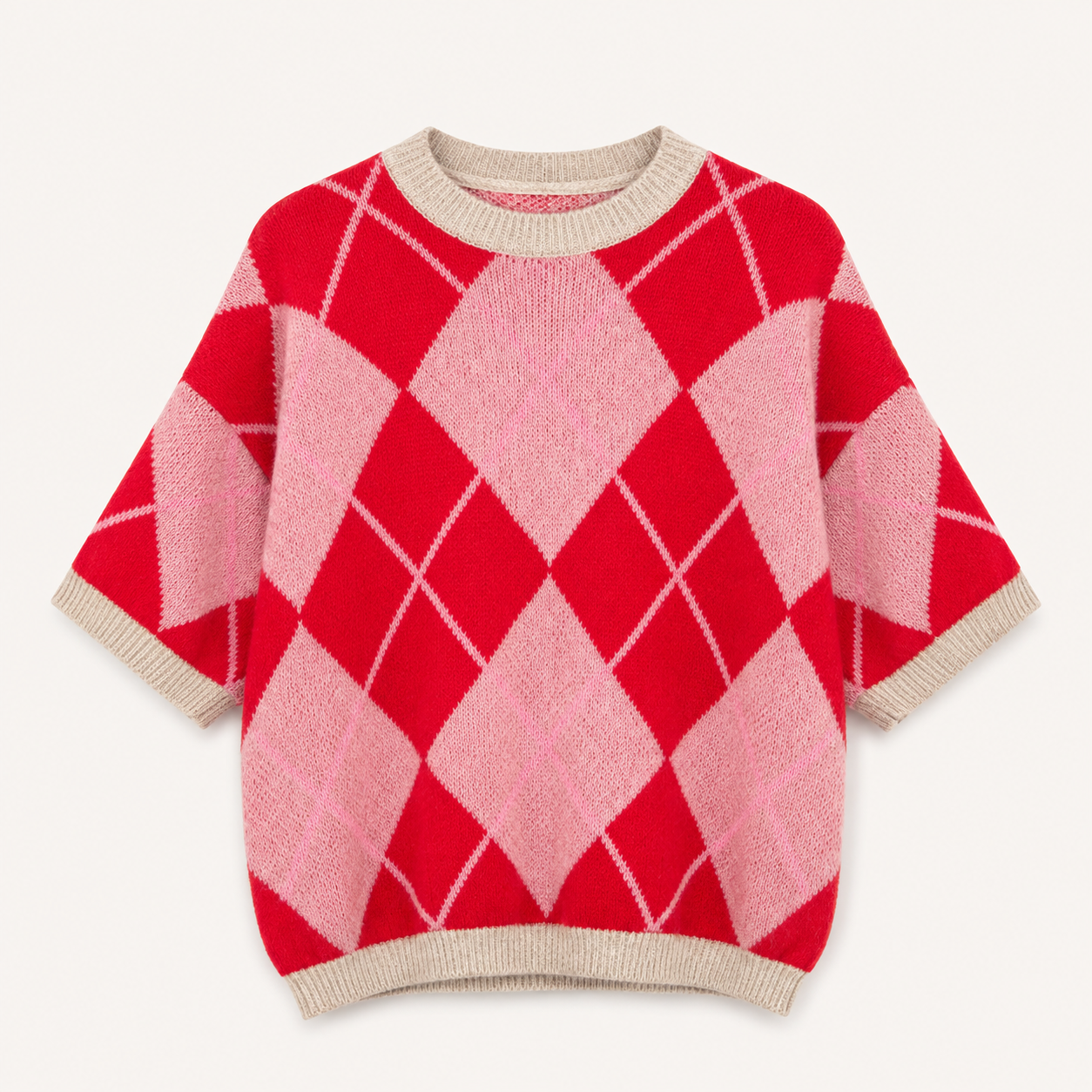 Pink/Red Argyle Short Sleeve Jumper