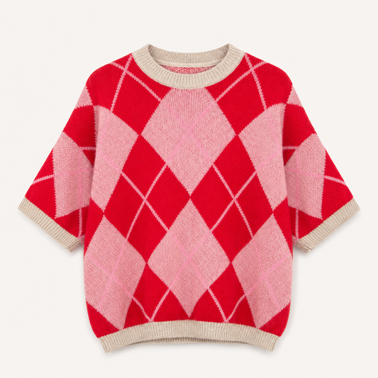 Pink/Red Argyle Short Sleeve Jumper