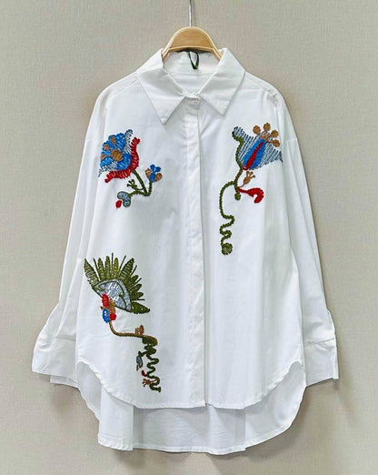 Flower Embroidered White Cotton Shirt