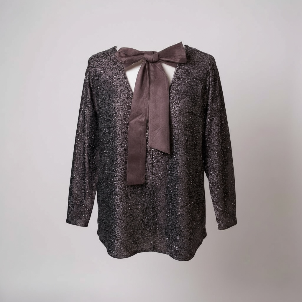 Brown Sequin Bow Back Top
