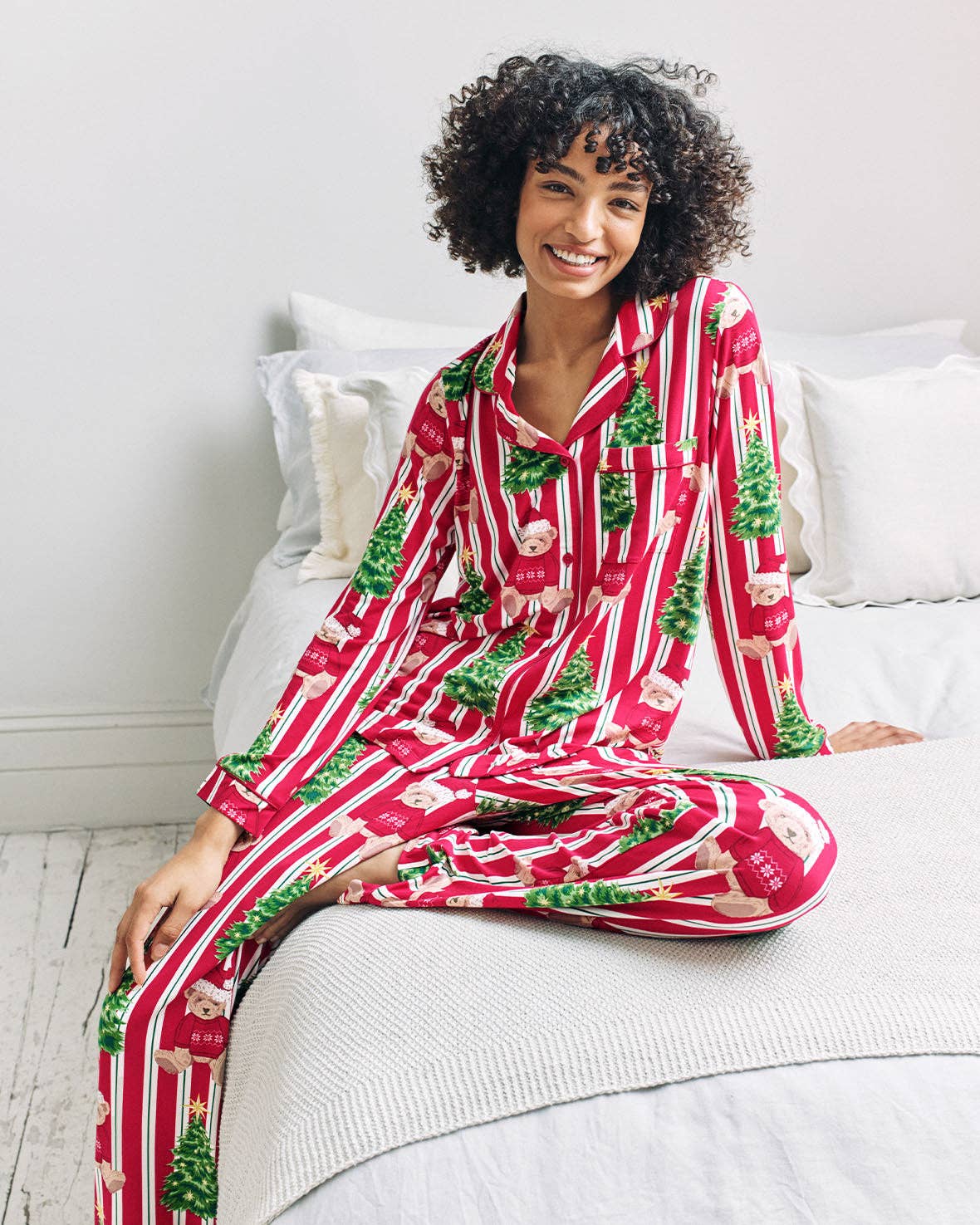 Christmas Teddy Bear Stripe Print Long Pyjama Set
