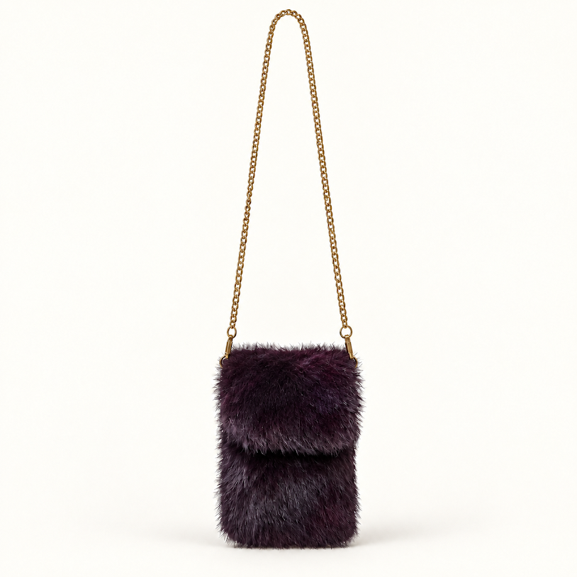 Plum Fur Gold Chain Strap Small Cross Body Bag