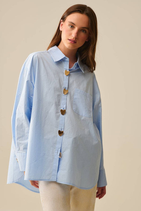 Blue Poplin Shirt with Gold Buttons