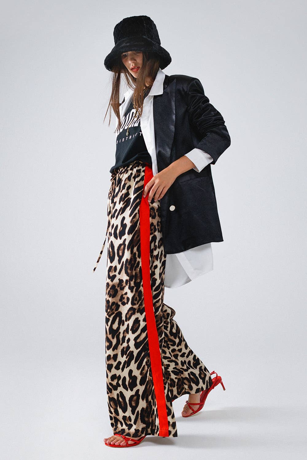 Leopard Straight Trousers With Red Stripes