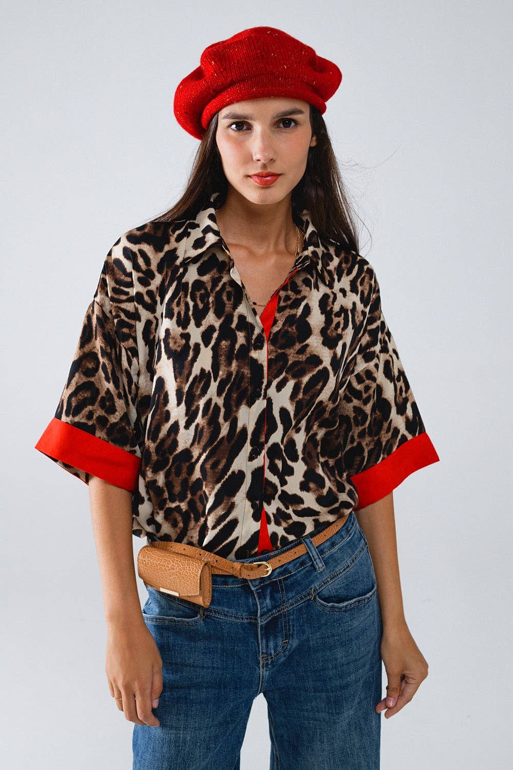 Leopard 3/4 Sleeves Shirt WIth Red Detail