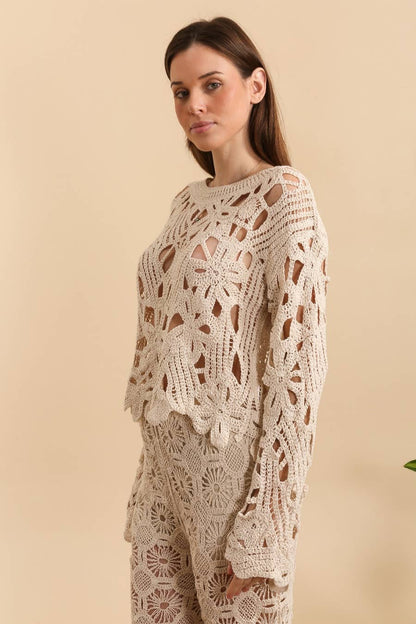 Beige Long Sleeve Crochet Top