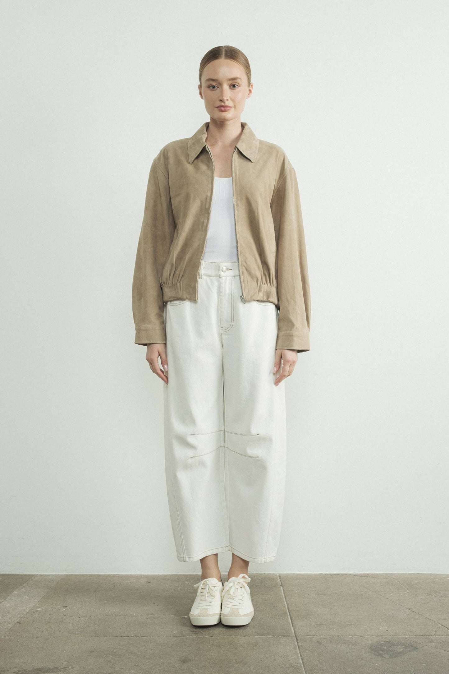 Cream Barrel Jeans with Stitch Detail and Elastic Back Waist