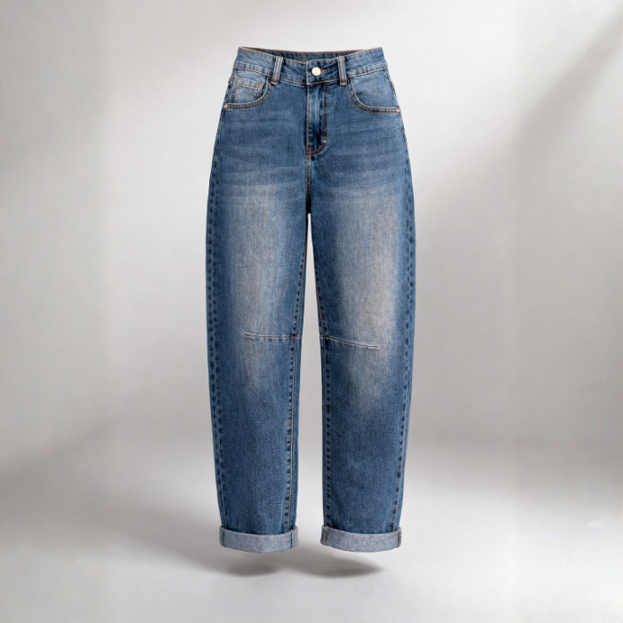 Mid Blue Denim Stretch Barrel Leg Jeans
