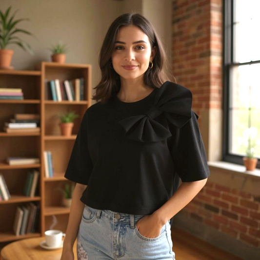 Black Short Sleeve Bow Detail T-Shirt