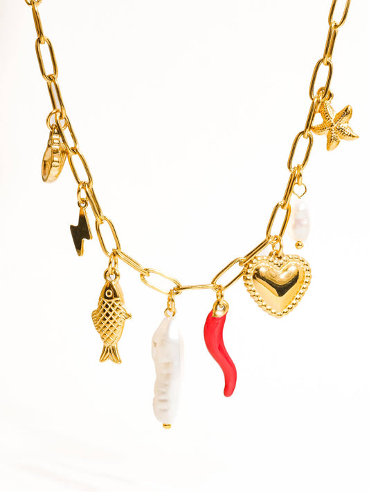 Filigrane 18K Gold Non-Tarnish Pepper Fish Charm Necklace: Red