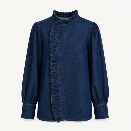 Denim Ruffle Front Shirt