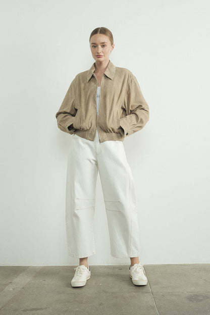 Cream Barrel Jeans with Stitch Detail and Elastic Back Waist