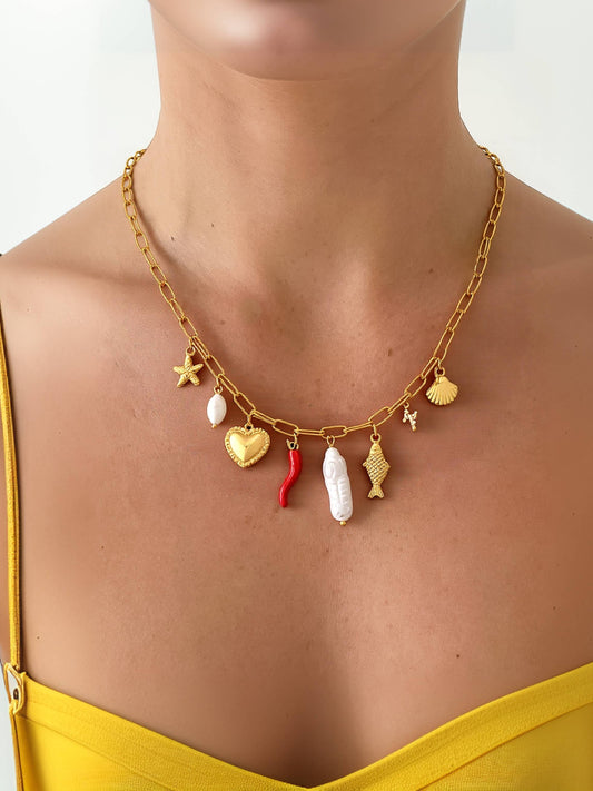 Filigrane 18K Gold Non-Tarnish Pepper Fish Charm Necklace: Red