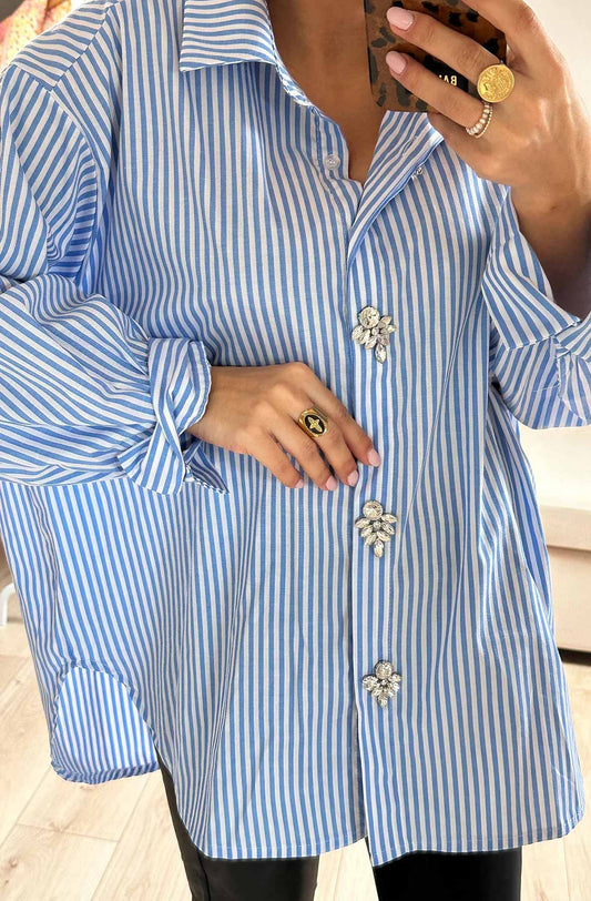 Blue Stripe Shirt with Diamanté Trim
