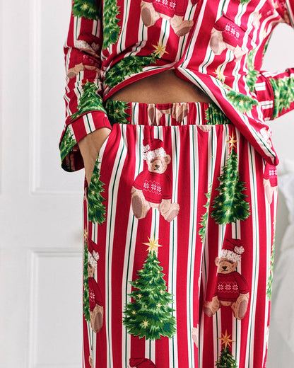 Christmas Teddy Bear Stripe Print Long Pyjama Set